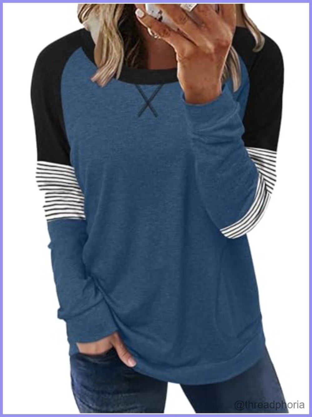 Long Sleeve Tunic Top with Side Pockets Loose Fit Crew Neck